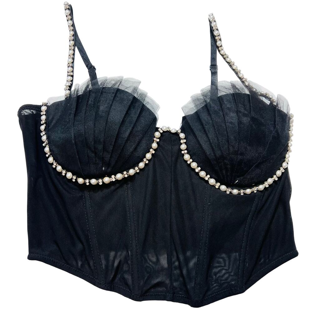 Windsor Halter Corset Top Large Black Nylon Spaghetti Strap Pearls Rhinestones